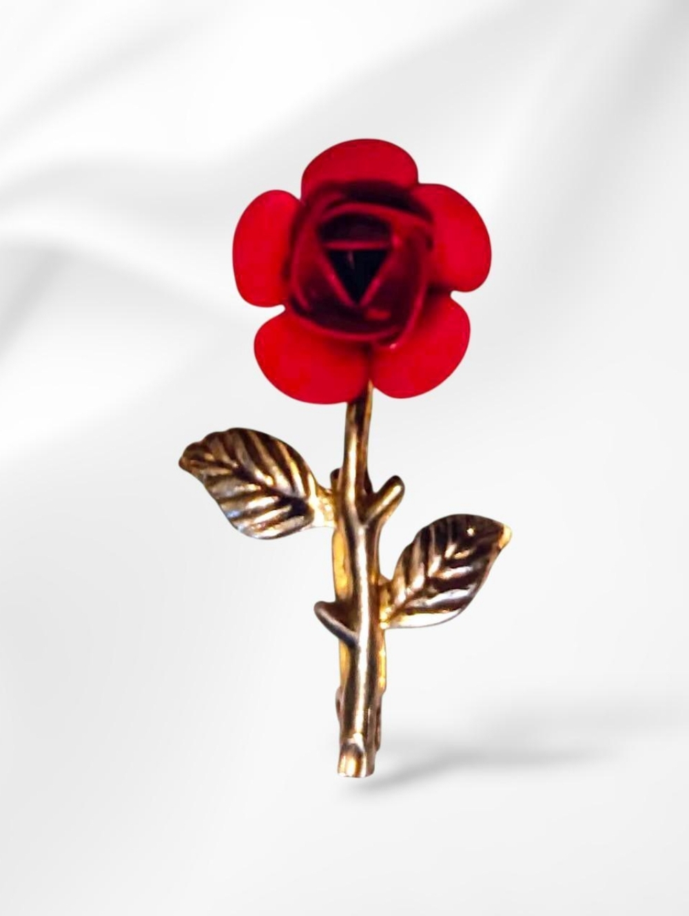 Red Enamel Rose Pin Brooch with Gold-Tone Stem
